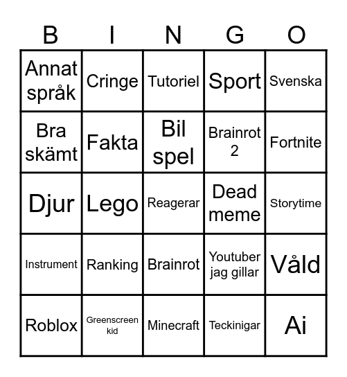 yt short bingo svenska Bingo Card