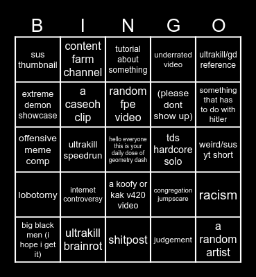 youtube bingo Card