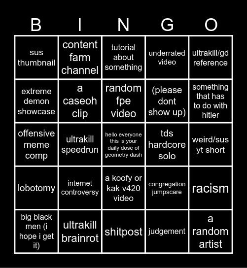 youtube bingo Card