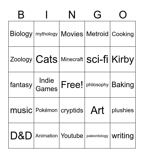 Interests Bingo Card