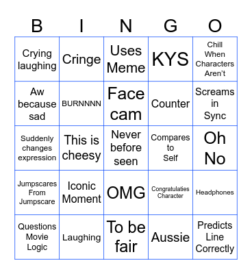 Reaction Bingo Card