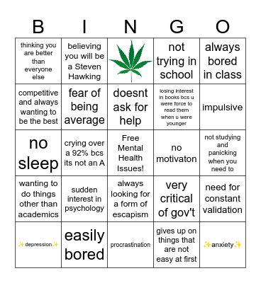 Gifted Kid Burnout Bingo Card