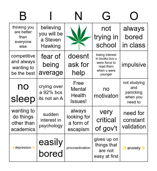 Gifted Kid Burnout Bingo Card