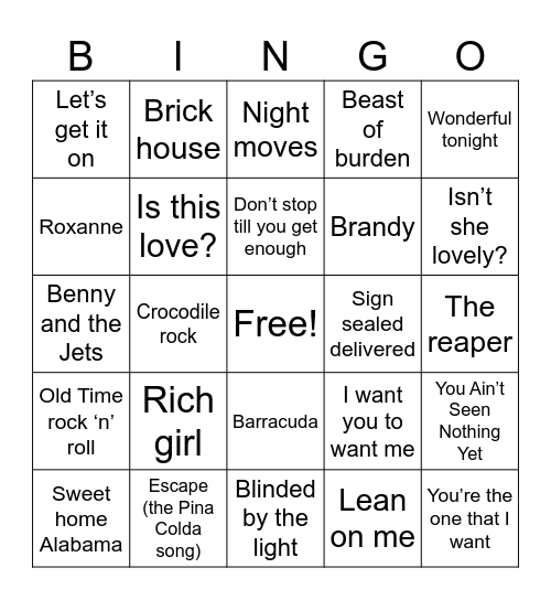 70’s Bingo Card
