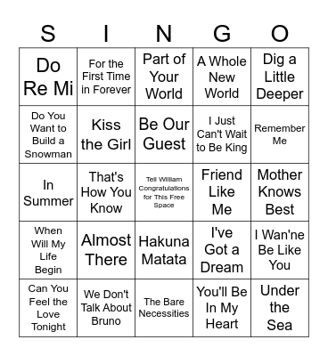 Disney Favorites Bingo Card