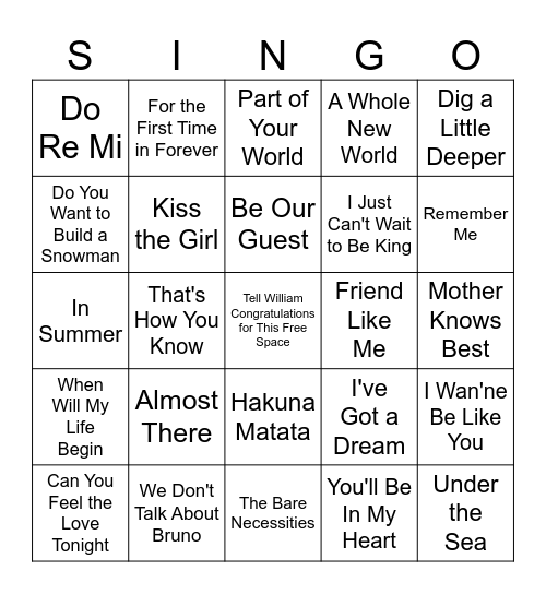 Disney Favorites Bingo Card