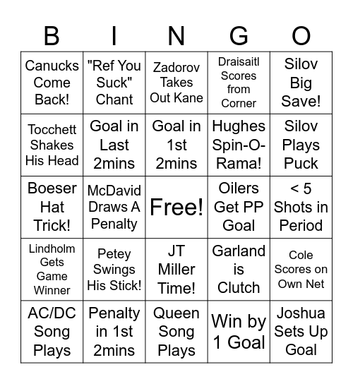 Canucks vs Edmonton Game 6 Bingo Card