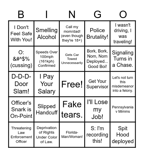 Bigen's Police Cam Videos Bingo Card