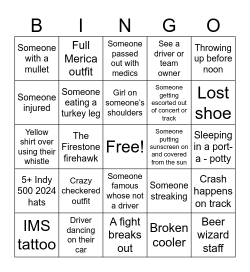 Carb Day 2024 Bingo Card