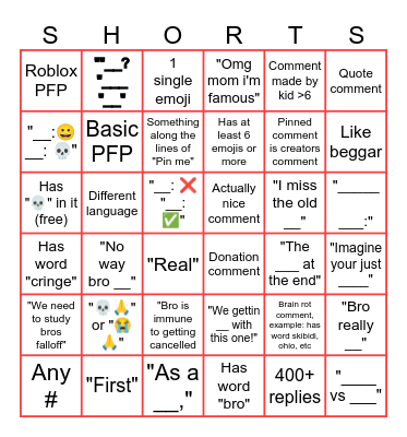 YT Shorts Bingo Card