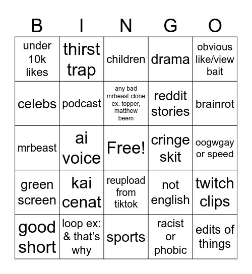 yt shorts bingo Card