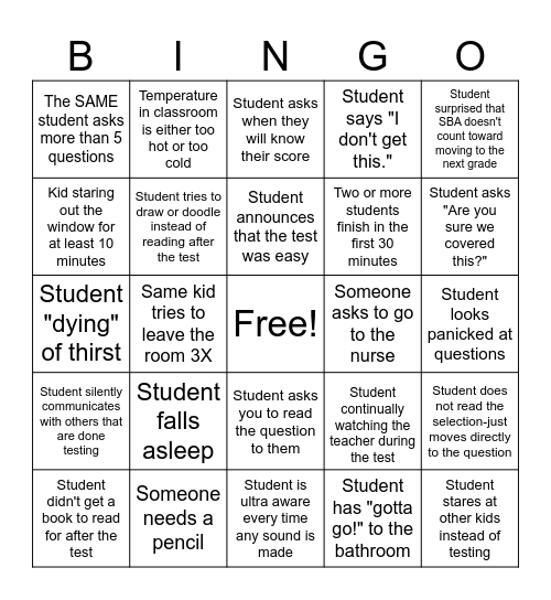 Exam Proctoring Bingo Card