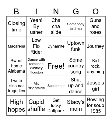 White persons wedding reception music Bingo Card