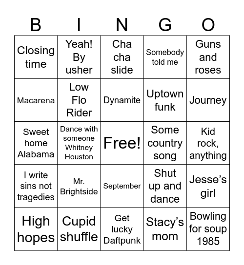 White persons wedding reception music Bingo Card