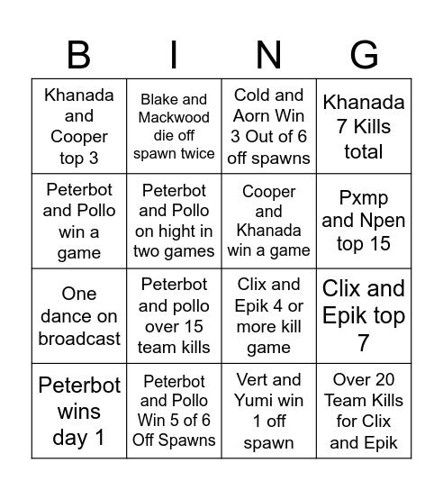 FNCS Day One Bingo Card