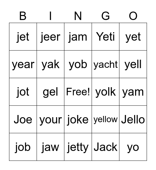 Y and J Bingo Card