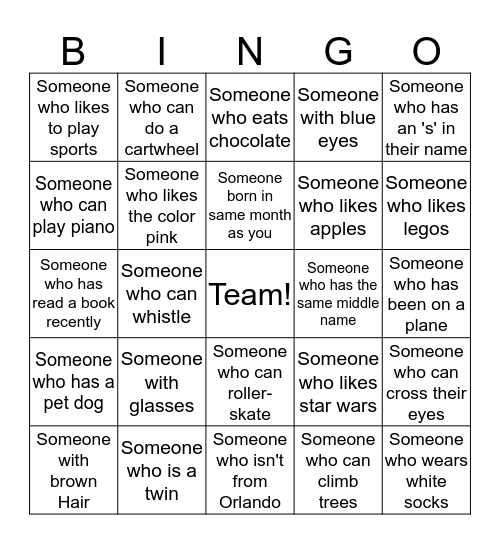 Team Member Bingo Card