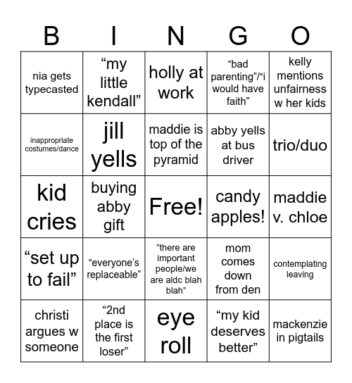 Dance Moms Bingo Card