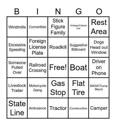 Roadtrip Bingo Card