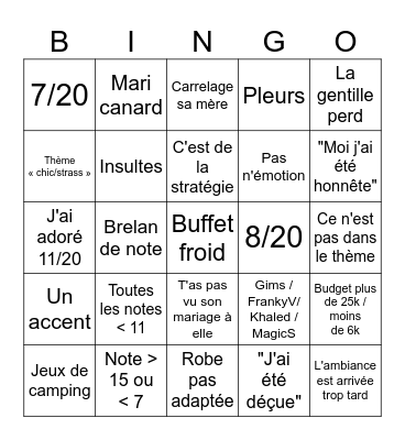 4 mariages Bingo Card
