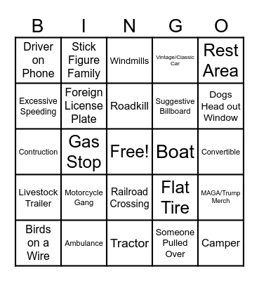 Roadtrip Bingo Card