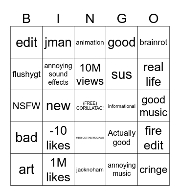 Gorilla Tag shorts Bingo Card