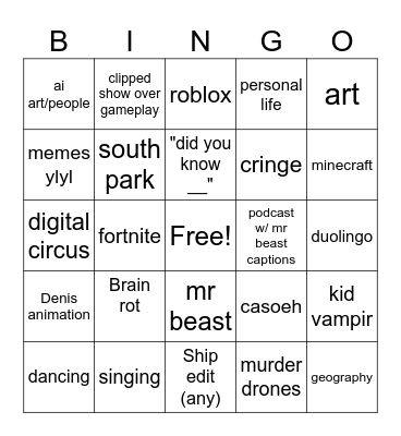 YT shorts bingo lol Bingo Card