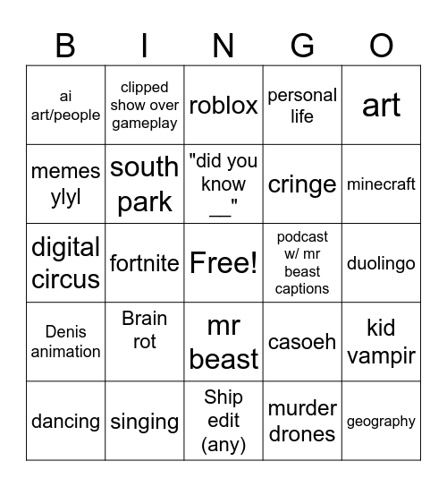 YT shorts bingo lol Bingo Card