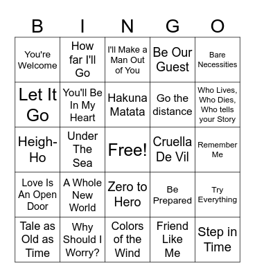 Disney Music Bingo Card