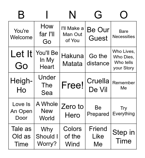 Disney Music Bingo Card