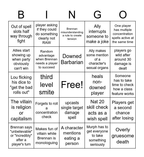 D20 Final fight Bingo Card