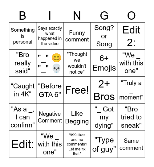 Youtube Shorts Comments Bingo Card