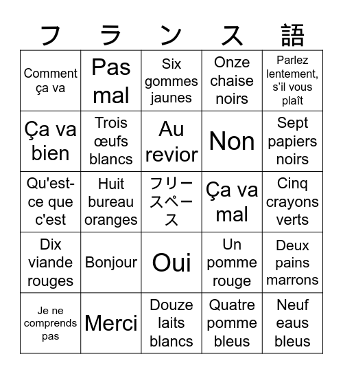 フランス語のビンゴ Bingo Card