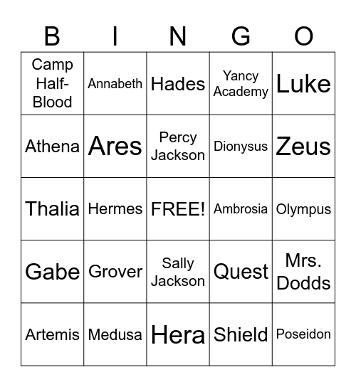 Percy Jackson and the Lightning Thief Bingo Card