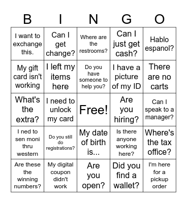 Customer Service Bingo Card