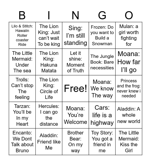 Disney Bingo Card