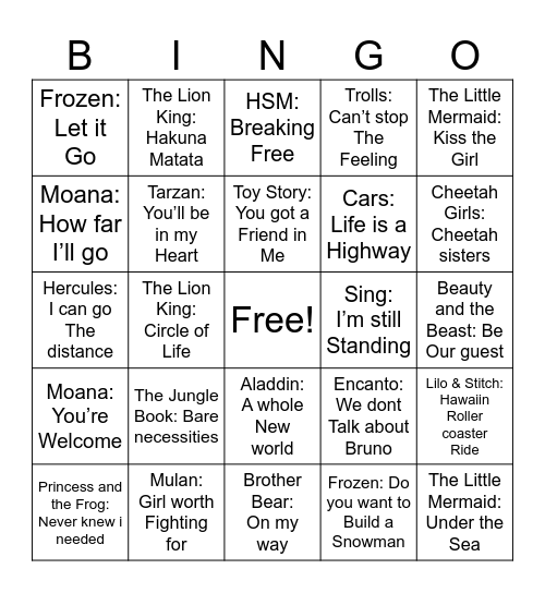 Disney Bingo Card