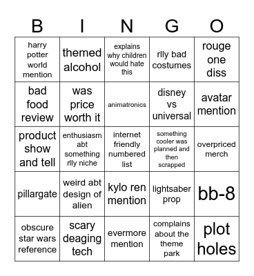 Star Wars Hotel Bingo Card