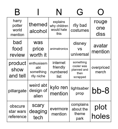 Star Wars Hotel Bingo Card