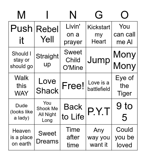 BRUE CRUE MUSICAL BINGO : 80'S THEME Bingo Card