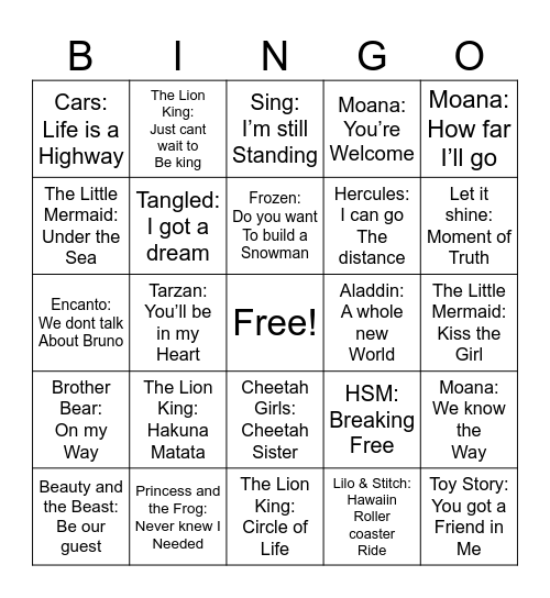 Disney Bingo Card