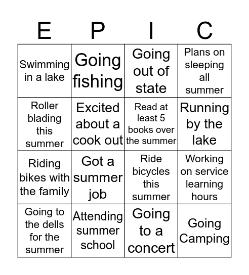 Summer EPIC BINGO Card