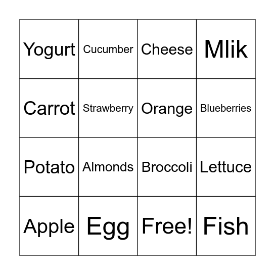 Healthy Foods Bingo Card