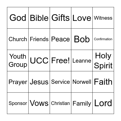 Confirmation Sunday BINGO Card