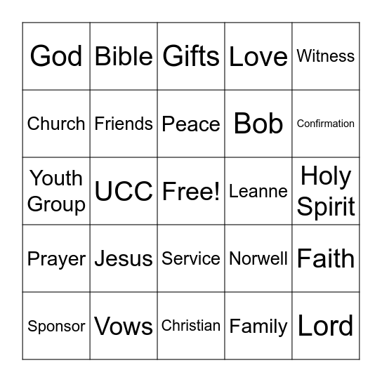 Confirmation Sunday BINGO Card