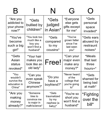 Family Buisness Bingo Card