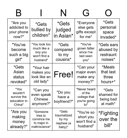 Family Buisness Bingo Card