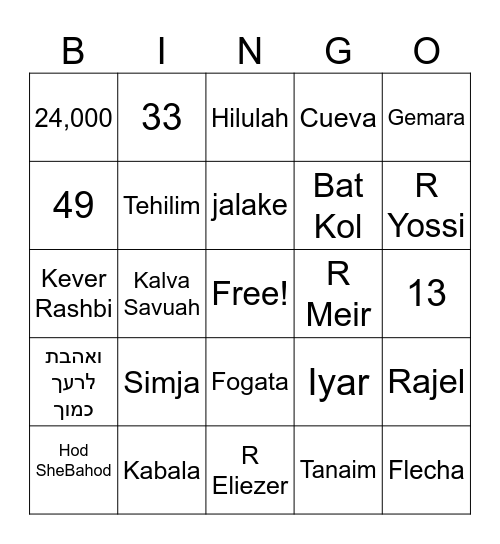 Lag Baomer Torat Jaim Bingo Card