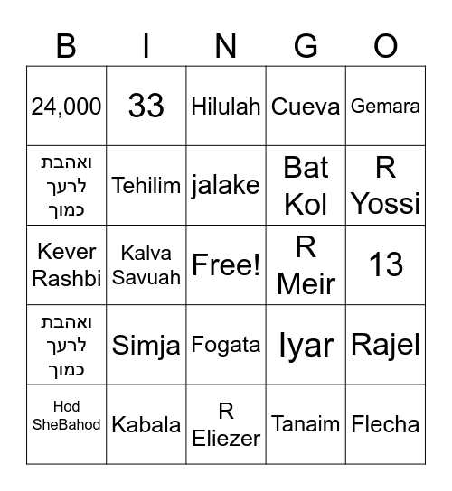 Lag Baomer Torat Jaim Bingo Card