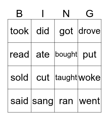 Irregular Past Verbs Bingo Card
